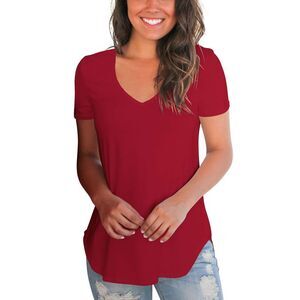 Womens Casual V-Neck  Short Sleeve Tops and Blouse (Small-Burgundy), Size: S